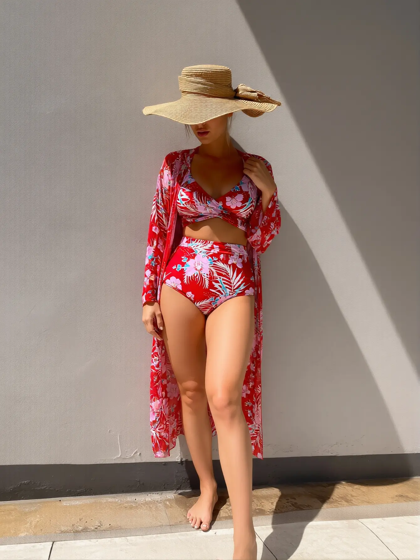 Women's 3-Piece Tankini Swimsuit Set, Bohemian Tropical Floral Long Sleeve Rash Guard with Cutout Bikini Swim Top and Boxer Shorts