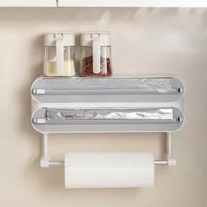 Disposable Cling Film Cutter, 1 Count Wall-mounted Punch-free Plastic Wrap Holder, Dustproof Storage Organizer for Home Kitchen, Paper Towel Holder, Kitchen Utensil Organizer