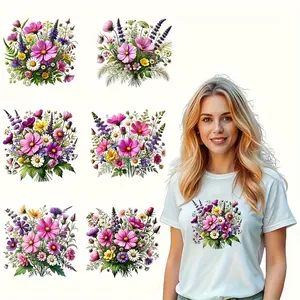 6-Piece Wildflower Iron-On Transfer Stickers, Vibrant Floral Patterns, High-Adhesive Washable Plastic Tape, DIY Clothing Customization