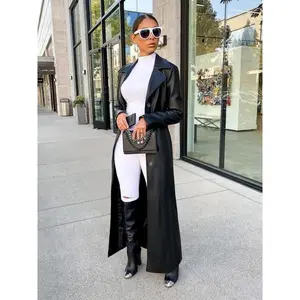 Women’s solid-color longline PU leather coat with front buttons, casual long sleeves and a lapel collar, outerwear for fall and winter, ladies’ clothing for daily wear. gift?? Women's Jackets