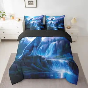 Wolf Comforter Set with Sheets,Wolves Howling Bed in a Bag for Boys Girls,Animal Wolves 7 Pieces Bedding Set,Mountain Moon Wolf Bed Set,Black Blue