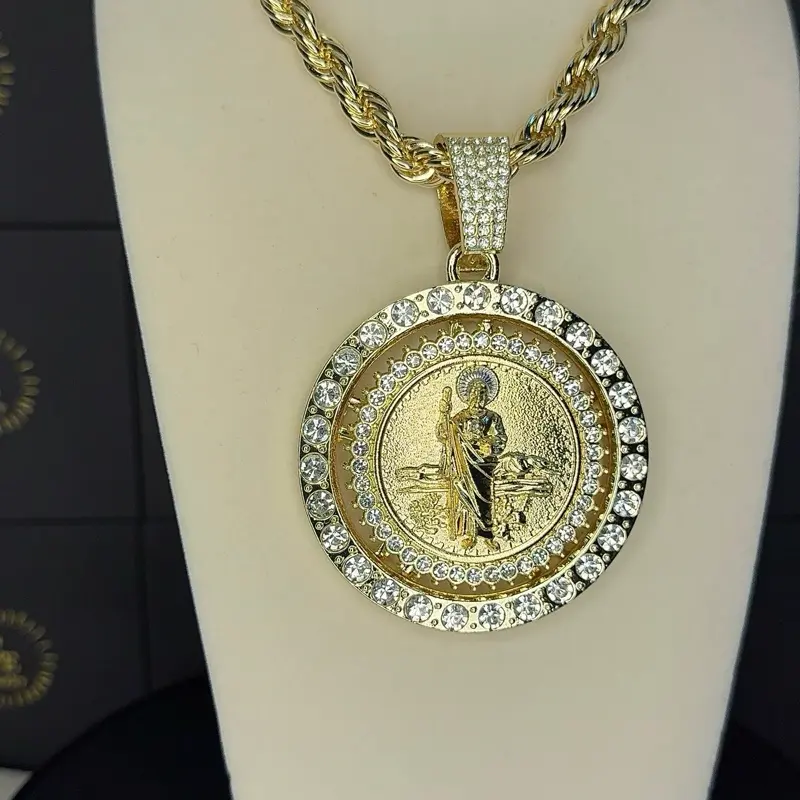 Women's Gold Plated Saint Jude Roulette Religious Pendant Necklace - 24-in Textured Rope Chain Accent, Gold Chain Necklaces for Festive & Daily Wear, Religious Pendant Necklaces