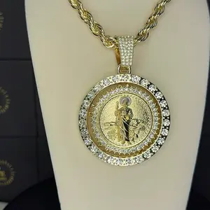 Gold Plated gold Tone Saint Jude Roulette Pendant on 24 Inch Rope Chain Necklace for Festive Wear