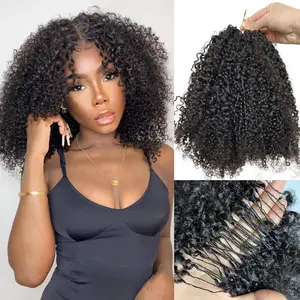 Human Crochet Afro Hair Kinky Curly Pre Separated Feather Extensions Knotless Micro Ring Loop Soft Hair Bundles Crochet With String For Twist Braids 16Inch 120g 100Strands