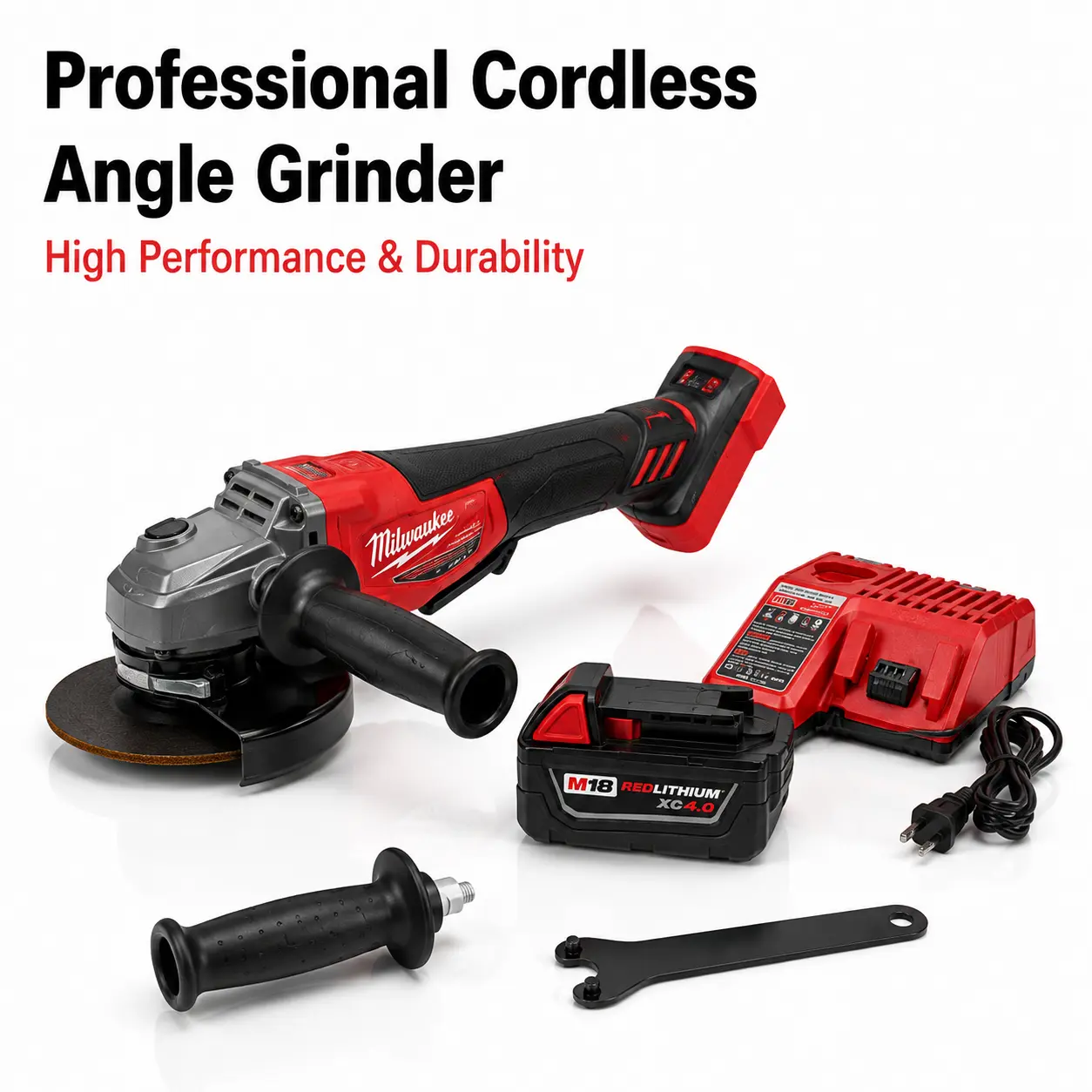 Milwaukee M18 Cordless Angle Grinder Kit, 4.5-Inch, 6.0Ah Battery & Fast Charger Included, with Auxiliary Handle & Wrench, Portable Power Tool for Metal Cutting & Construction Jobsite Use