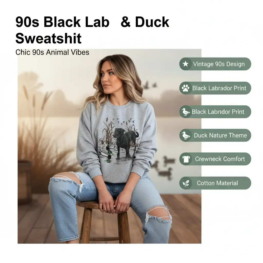 Women's Vintage 90s Black Labrador & Duck Nature Crewneck Hoodie - Cotton Fabric, Casual Round Neck Animal Lover Tops