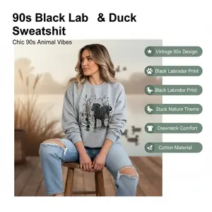 Women's Vintage 90s Black Labrador & Duck Nature Crewneck Hoodie - Cotton Fabric, Casual Round Neck Animal Lover Tops