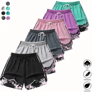 6-Pack Women's Camo 2-in-1 Fitness Shorts, Anti-Exposure 5-Inch Casual Sports Shorts with Inner Pocket, Comfortable Quick Dry & Drawstring Waist for Daily & Workout