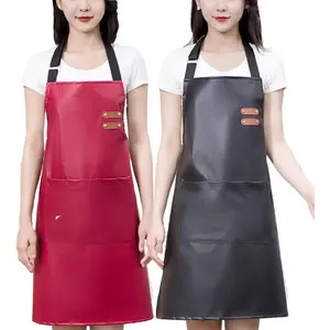 Apron Large Pocket PU Material  Oil-proof Dust-proof Apron Black and Red