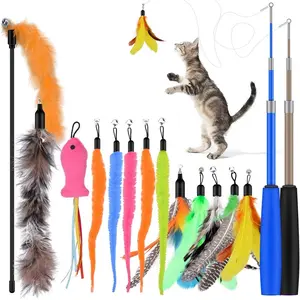 Qoosea Cat Feather Toys, 2PCS Retractable Cat Wand Toy and 13PCS Replacement Teaser with Bell Refills, Interactive Cat Wand for Kitten Cat Having Fun Playing Qoosea