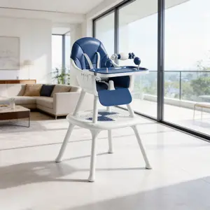 4-in-1 Convertible Baby High Chair Blue, Multifunction Infant Feeding & Play Chair with Block Table, Removable Tray & Easy Clean PU Cushion