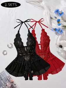 Women's 2-Piece Lace Halter Bodysuit Set - Deep V Neck Sheer Mesh Babydoll with Adjustable Tie Straps & Flared Hem Sexy Open Crotch Lingerie Set