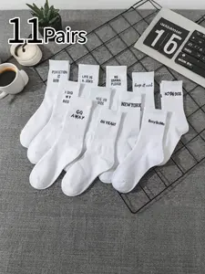 11 Pairs Letter Mid-Calf Socks, Unisex Couple Socks, Comfortable Soft, Casual College Style, Breathable Sweat-Absorbing, Daily Wear