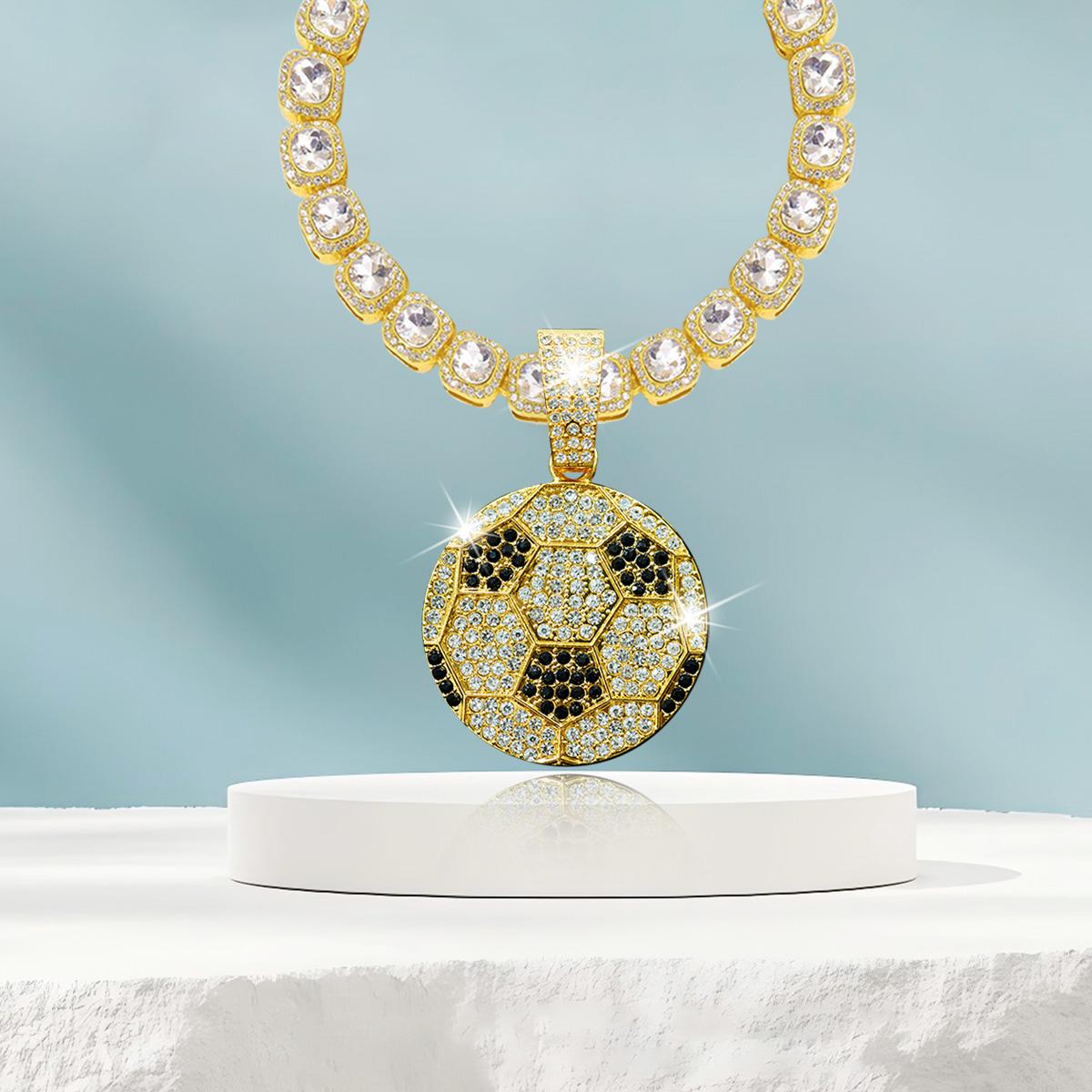 Football Pendant with Diamond Square Necklace Hip Hop Zircon Baguette Chain Tennis Chain with Football Pendant Ideal Jewelry for Sports Football Fans Men Women Boys Girls Daily Wear