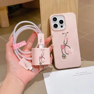 6-Piece Set Leather Texture Phone Case, Creative Floral Stethoscope Pattern, Charging Head Cover, Cable Protector, Storage Rope