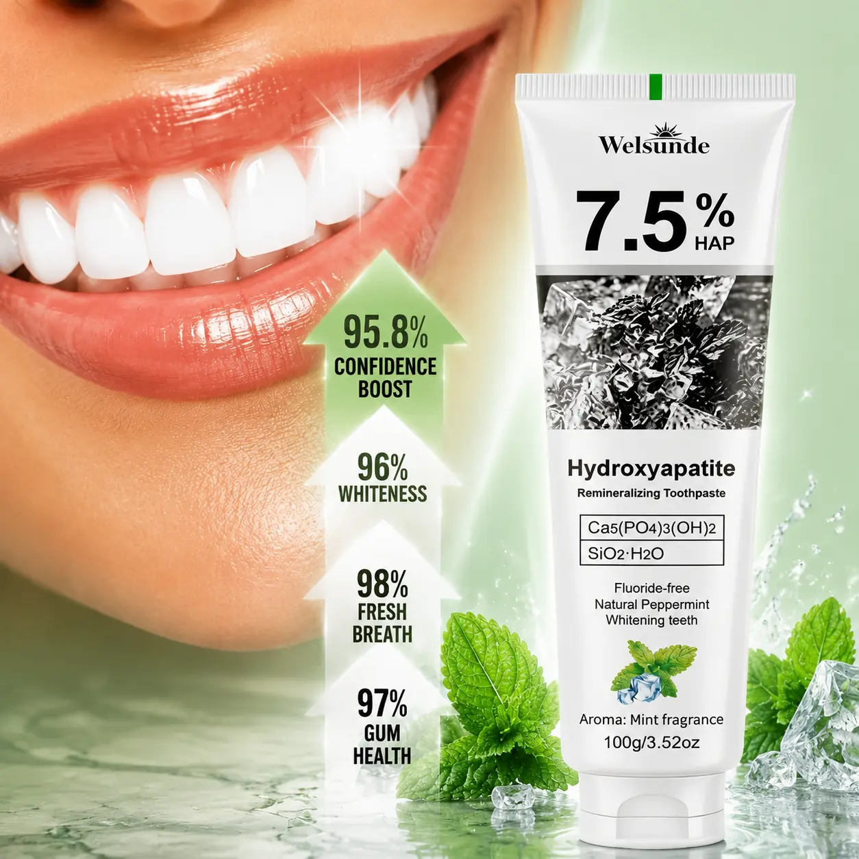 Welsunde 7.5% HAP Hydroxyapatite Remineralizing Repair Toothpaste (1-3 PCS Optional) - Fluoride-Free, 100g Peppermint, Daily Gentle Teeth Cleaner, Enamel Care, Sensitivity Relief, Fresh Breath, Dental Whitening Toothpastes Compatible, Oral Health Support