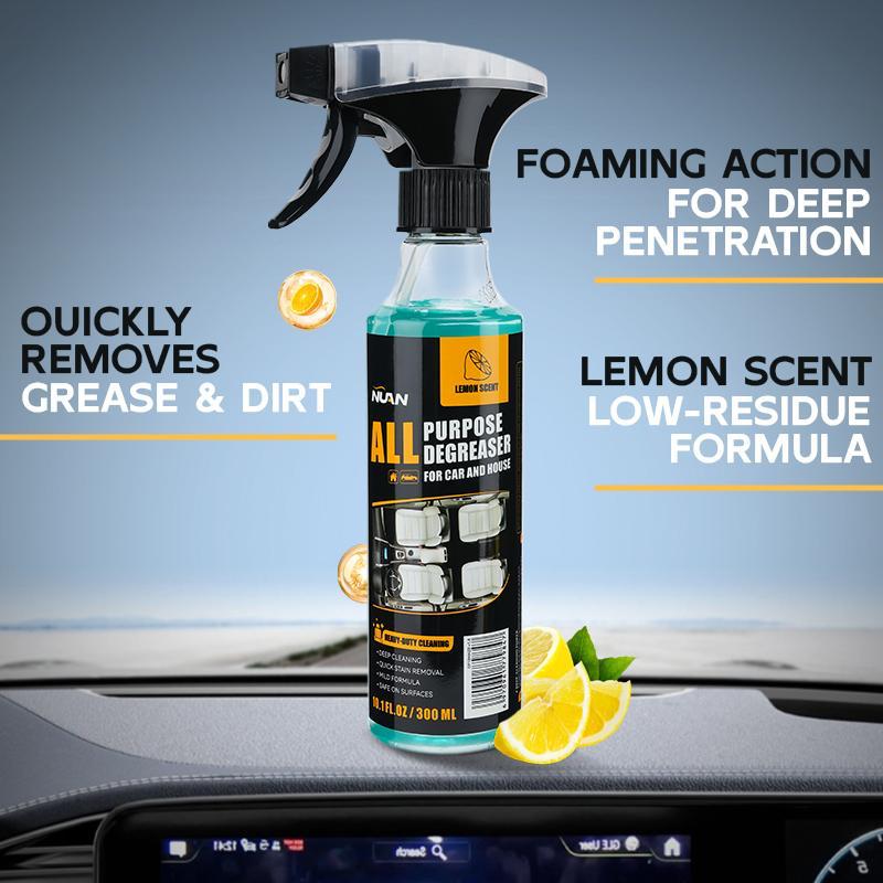 NUAN Multi-Function Cleaner – Car/home use (leather/fabric/plastic), removes tough stains, mild lemon formula, dual nozzles + free towel.