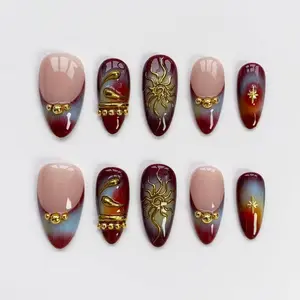 Celestial Sun Aura - Burgundy & Gold 3D Luxury Press-On Nails