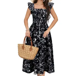 Women's Summer Boho Floral Smocked Midi Dress Square Neck Flutter Sleeve Flowy Vacation Dress