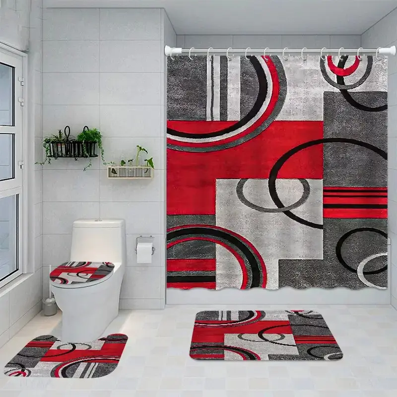 1/4 pcs geometric pattern shower curtain set, Bathroom Supplies, Bathroom Decor And Accessories, non-slip floor mat, U-shaped carpet, toilet cover, perfect for bathroom decoration, partition, beautify the space, free 12 shower curtain hooks
