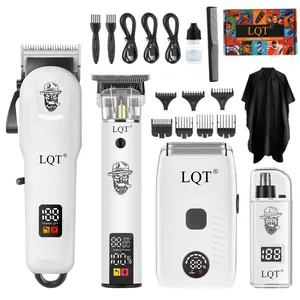 LQT 4-in-1 White Cordless Hair Clippers Set for Men, Professional Barber Grooming Kit with Main Hair Clipper, T-Blade Trimmer, Foil Shaver & Nose Hair Trimmer, LED Digital Display Complete Hair Cutting Tools with Guide Combs & Barber Cape for Home Salon
