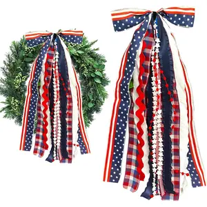 Large Patriotic  Ribbon Bow for Wreath, Red White Buffalo Plaid Fabric Ribbons Set Assorted Lace Ribbon 4th of July Clip-On Wreath Sash Ribbons Bundle for Patriotic Indoor Outdoor Decor