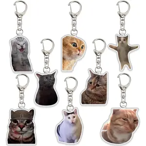 8Pcs Cat Keychain Cute Cat Meme Keychains Two Cats Talking Keyring Kawaii Charm Funny Keychain