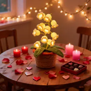 Crochet Lily of The Valley Lamp, Artificial Tabletop Flowers Pot with Night Lights,Valentine's Day gifts, Crochet Flowers Artificial Flower, Birthday Gifts for Women Home Office Decor Warm White Lighting