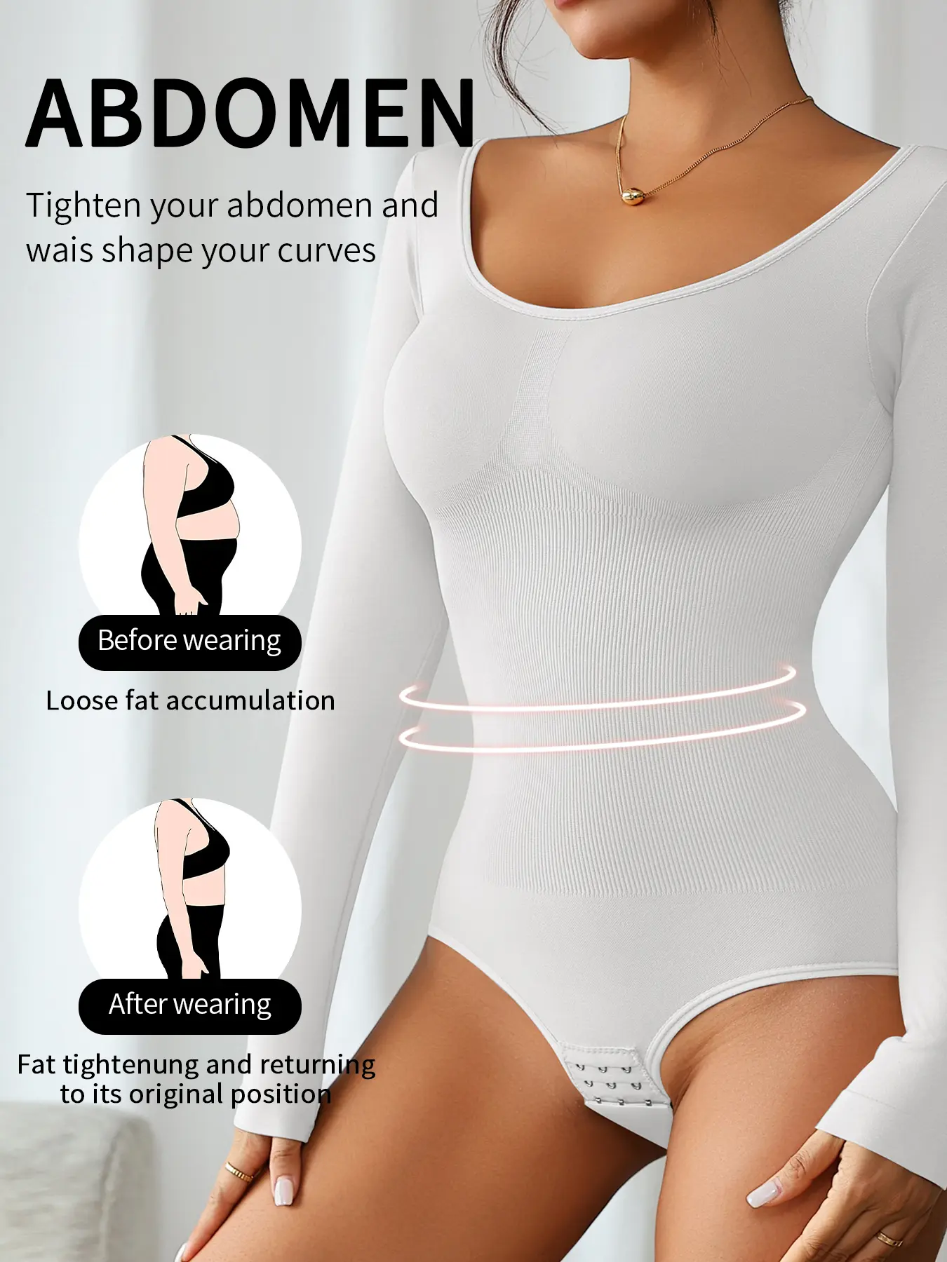 1 Pack, 5 colors, Womenswear, Women's long-sleeve ribbed stretch waist-shaping bodysuit, Compression Waist Shaper, low round neckline with crotch snap design, sizes S-XXL, Curve Hugging Compression, suitable for daily, layering, home & commuting