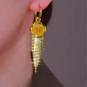 Gold long tassel rose earrings DDES0524, designed with a high-end feel, elegant and stylish, versatile and fashionable, 14K Gold-Plated