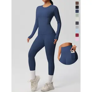 Women’s Two-Piece Solid Color Long-Sleeve T‑Shirt and Pocket Leggings Tracksuit Set, Casual Crewneck Top and Skinny Pants for Yoga, Gym Workouts, and Running, Ladies Sportswear for All Seasons? Activewear
