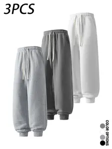 3-pack men’s casual sweatpants for spring/autumn, cuffed long pants with a simple basic drawstring elastic waistband, loose fit for everyday wear, leisure, sports, and fitness.