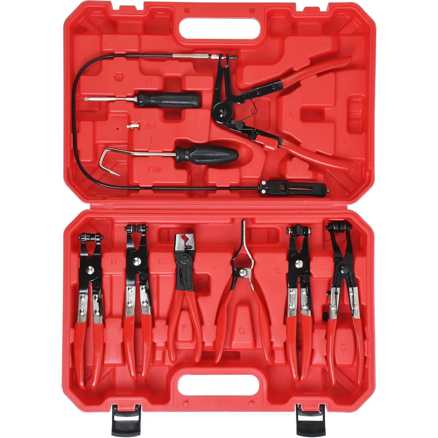 9PCS Hose Clamp Pliers for Fuel Oil and Water Hoses, Long Reach Hose Clamp Remover Kit with Flexible Wire Clic R Type Swivel Jaw Flat Band Pliers Set