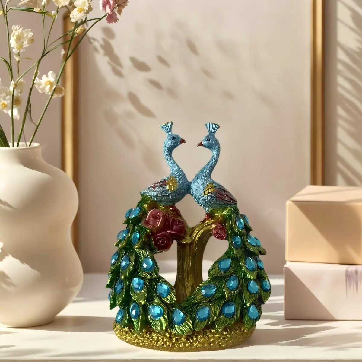 Collectible Resin Peacock Statue Decoration, Feather Figurine, Vibrant Blue with Gold Accents, Elegant Feather Design, Perfect for Home Office Garden, Exterior Decorative Statues, Collectible Figurines