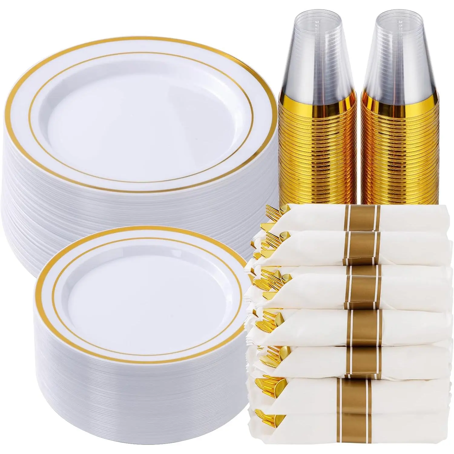 350 count  Plastic Dinnerware Set for 50 Guests, Fancy Disposable Plates for Party, Include: 50 Dinner Plates, 50 Dessert Plates, 50 Pre Rolled Napkins with Silverware, 50 Cups
