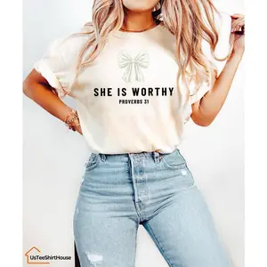 Comfort Colors® She is Worthy Bow Shirt, Women's Christian Shirts, Cute Christian Coquette Shirt, Girly Faith Shirt, Trendy Christian Shirt