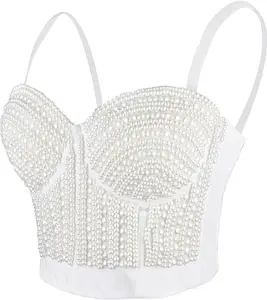 "Dazzling White Beaded Pearl Embellished Lace Corset Bra with Delicate Detailing for a Timelessly Elegant Look