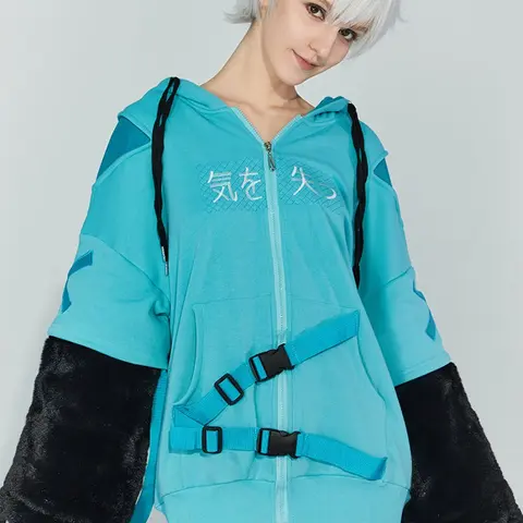 micotaku Women's Casual Zip-Up Hoodie with Cartoon Kitten Embroidery - Detachable Furry Paw Detail, Embroidered Tail, Accessories Included | 3pcs Outfit Hoodie Set
