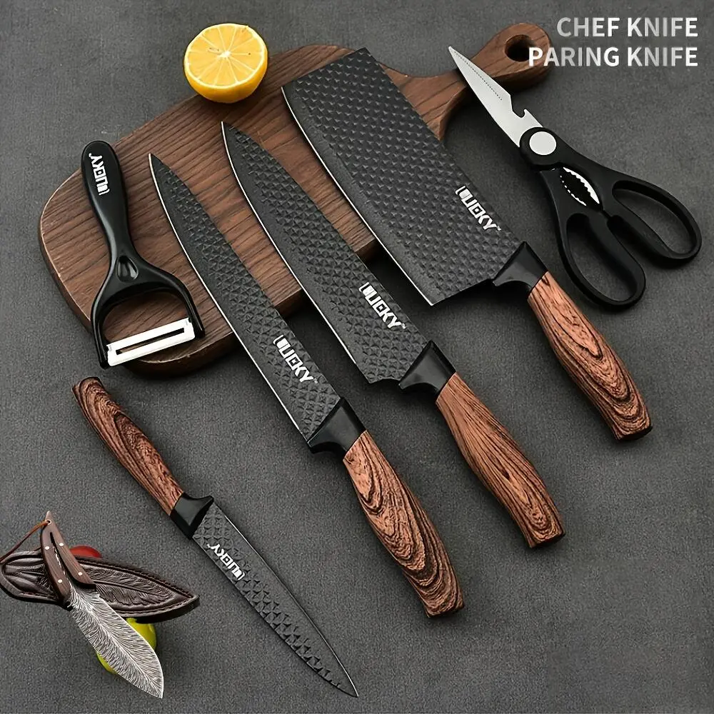 Professional 6-piece cooking utensil set, including practical knife, peeler, and scissors, made of high-carbon stainless steel, ultra-sharp with non-stick ergonomic wooden handles.  A chef's knife set suitable for home use, travel, and as a gift box