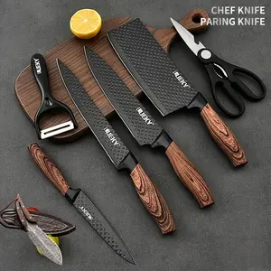 Professional 6-piece cooking utensil set, including practical knife, peeler, and scissors, made of high-carbon stainless steel, ultra-sharp with non-stick ergonomic wooden handles.  A chef's knife set suitable for home use, travel, and as a gift box