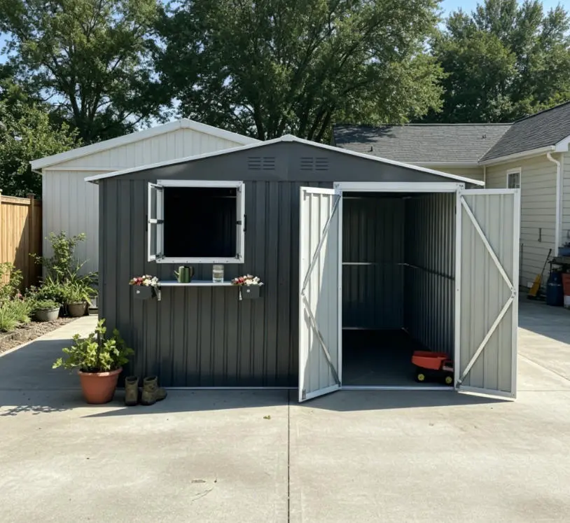 10x8 FT Outdoor Metal Storage Unit - Lockable Double Doors, Window, Flower Rack, Waterproof Outdoor Shelf for Backyard, Patio Tool Organization
