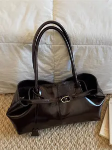 Dark brown patent leather vintage tote bag with metal buckle embellishments. Large capacity shoulder/handbag, suitable for dates, commuting, shopping, casual outings, and everyday accessories. Pu Tote Satchel