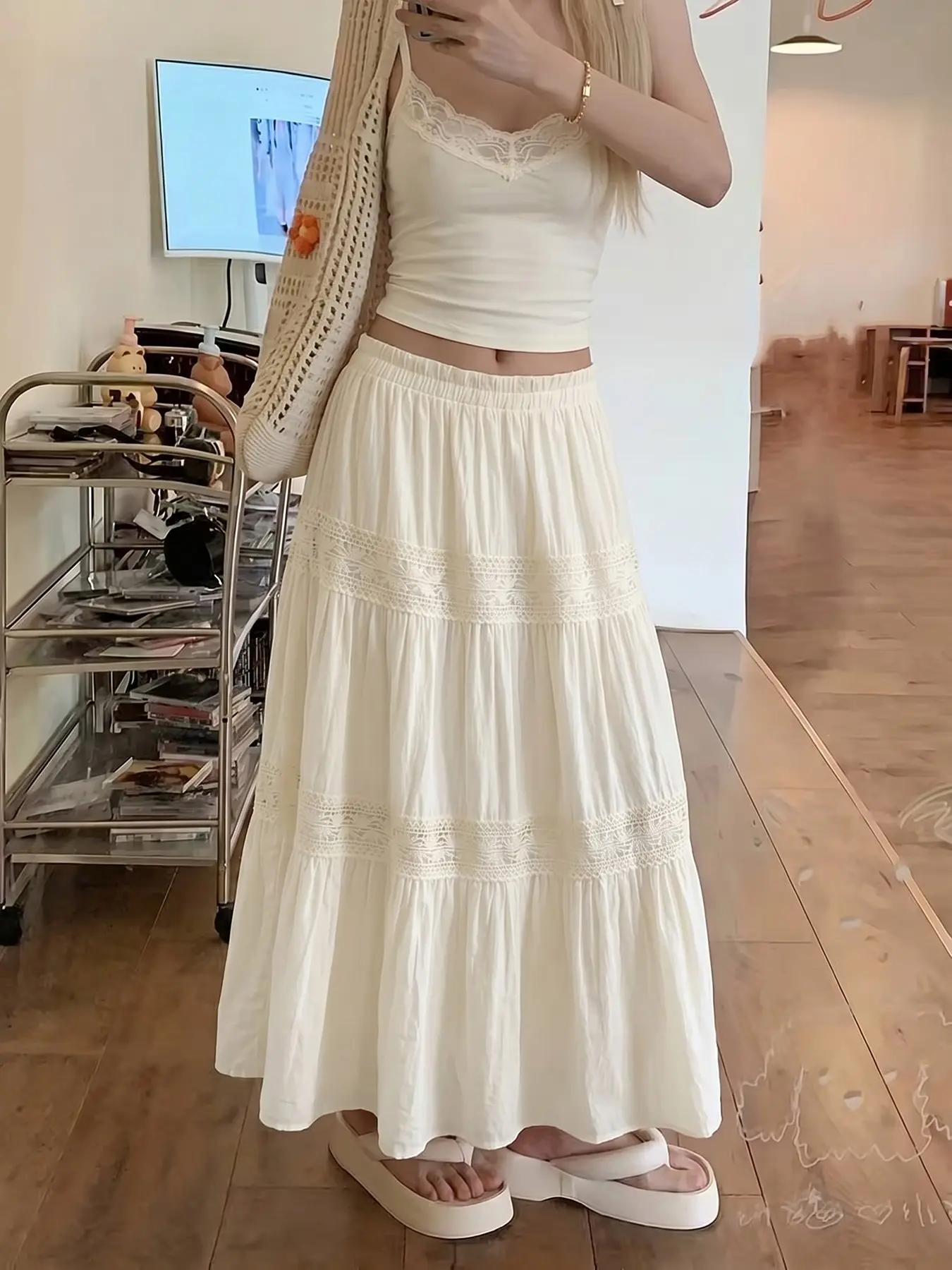 Women's Beige Lace Tiered Maxi Skirt, Elastic Waist Stretchable A-Line Flowy Long Skirt, Casual Boho Style Skirt for Everyday, Vacation, Beach & Summer Wear, Layered Tiered Skirt