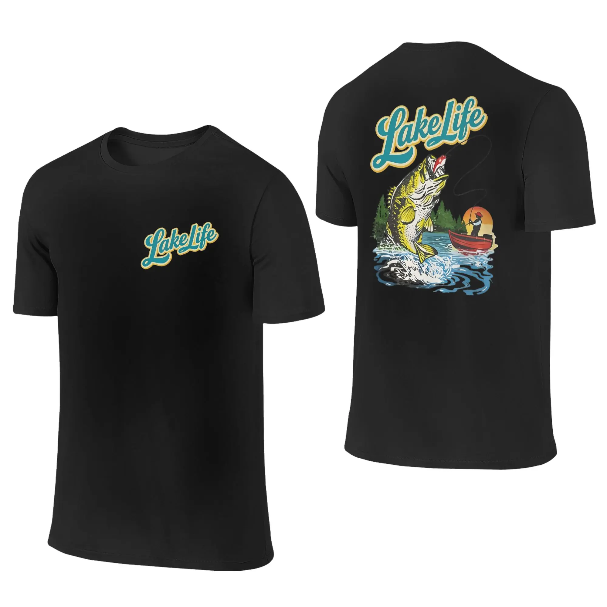 Black Mens Graphic Tee Double Sided Front Back Print Lake Life Vintage Retro Large Mouth Bass Lake Sunset Boat Angler Graphic Lake Lifestyle Outdoor Fisherman Casual Short Sleeve T Shirt For Men Fishing Dad Gift