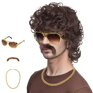70s Wigs for en Disco Wig for Halloween Party Short Brown Feathered  with Glasses  Necklace stache