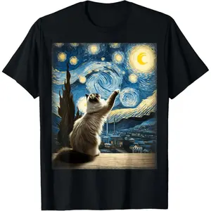 100% Cotton Van Gogh Starry Night Style Artistic Ragdoll Cat T-Shirt