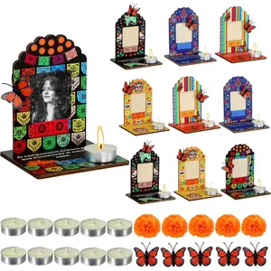 Dia De Los Muertos Decorations Picture Frames, Day of The   with Candle, Marigold, Artificial Monarch Butterfly, Dia De Los Muertos  Kit Mini Sugar Skull Style Ofrenda Decorations