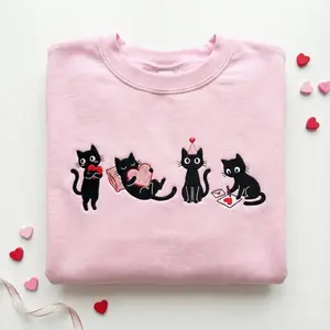 [MADE IN US] Cute Cat Embroidered Sweatshirt, Valentines Day Cat Shirt, Embroidered Cat Mama Shirt, Cute Valentines Day Sweater, Valentines Day Meow Tee