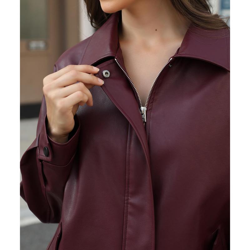 Casly Lamiit Women's Burgundy Faux Leather Jacket Long Sleeve Collared Zipper Oversized Biker Coat Trendy Travel Casual Outfits Basic Outerwear Womenswear Tops