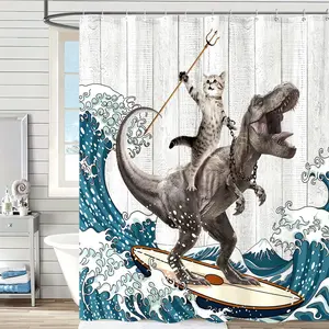 Surfing Dinosaur Ocean Shower Curtain Fun Cat Shower Curtain Wave Bathroom Shower Curtain Set Bathroom Set with Hooks